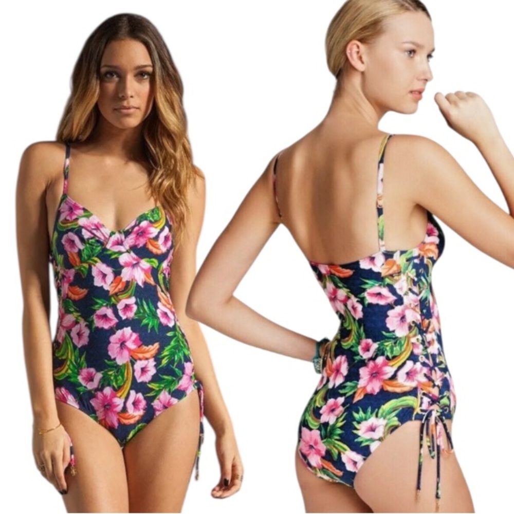 Juicy Couture Wildflower Lace Up Maillot Regal One Piece Swimsuit Size Large